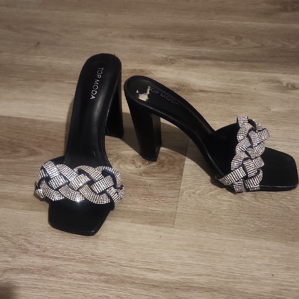 TOP Moda Black and Silver Rhinestone Heels